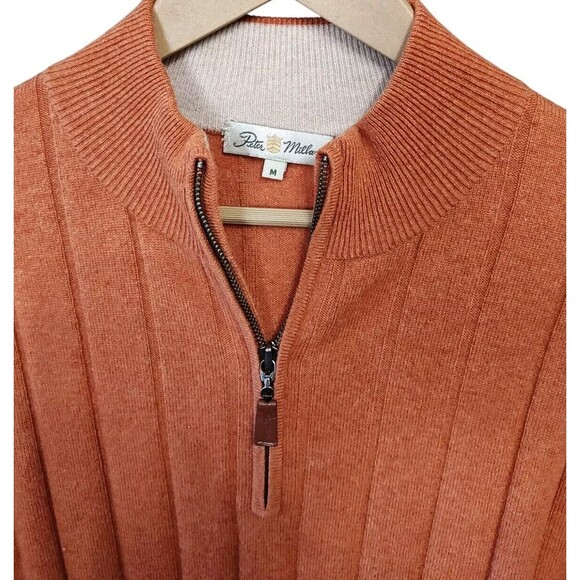 Peter Millar Sweater Medium Orange Ribbed Knit Cashmere 1/4 Zip Pullover - Picture 2 of 4